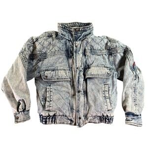 Vintage UK Element Denim Bomber Jacket Womens Small Blue Acid Wash Quilted 90s
